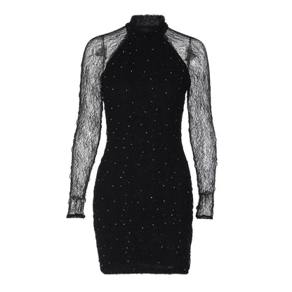 Women Winter Sexy Slim Lace Rhinestone Sheath Long Sleeve Dress by Ragazza