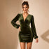 Deep V Plunge neck Velvet Long Sleeves Dress Women Puff Sleeve Waist Tight Slimming Hip Dress  DestGlow