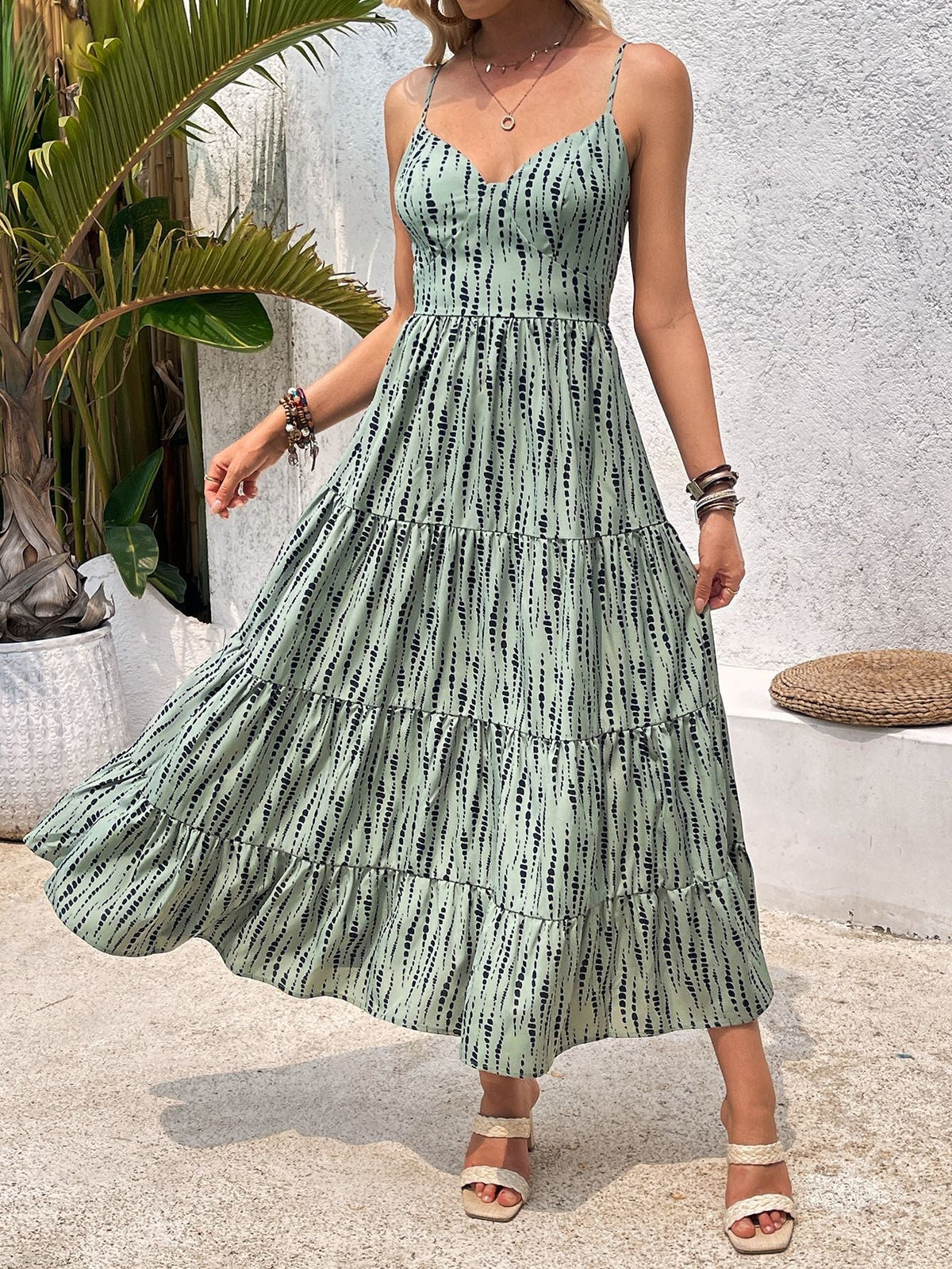 Summer Strap Backless Lace up Dress Striped Design Waist Slimming Vacation Dress  DestGlow