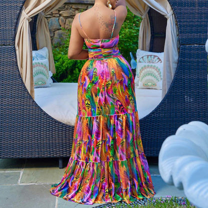 Summer Maxi Dress Spaghetti Strap Floral Print Sexy Large Swing Dress by Ragazza