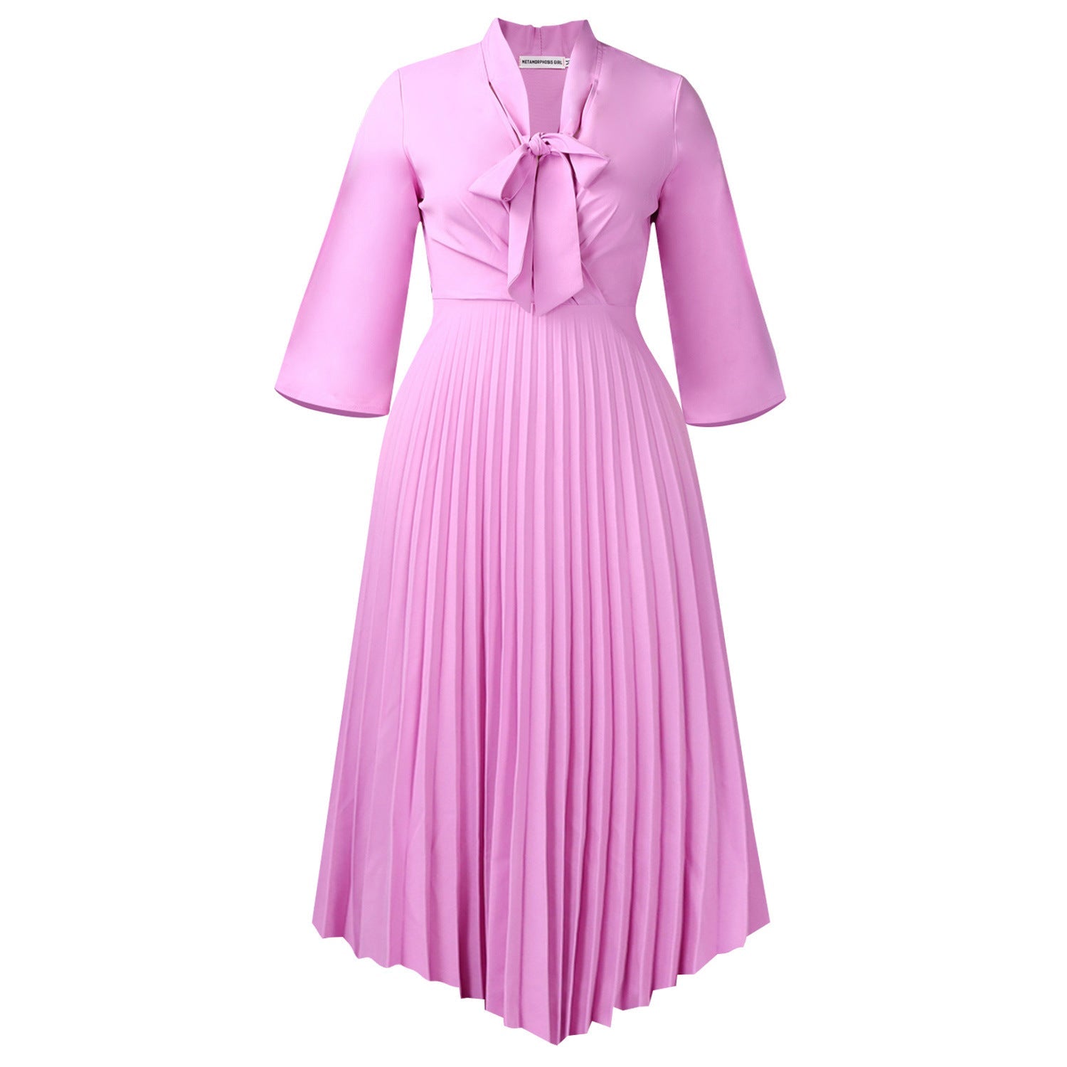 Three Quarter Sleeve Lace up Elegant Asymmetric Dress Pleated Dress by Ragazza