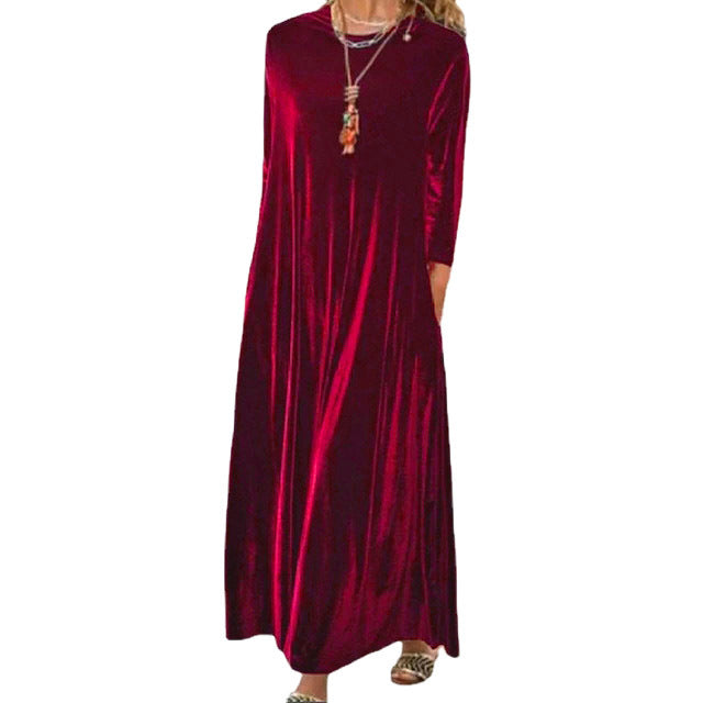 Spring Gold Velvet Slimming Crew Neck Maxi Dress by Ragazza
