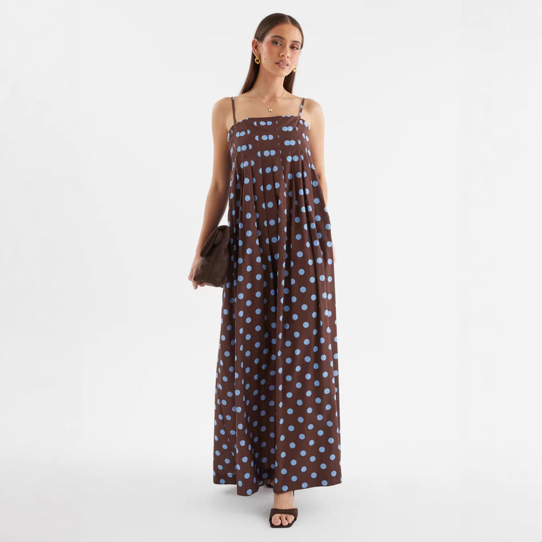 Summer Polka Dot Printed Pleated Craft Sweet Spaghetti Strap Mid Length Dress by Ragazza