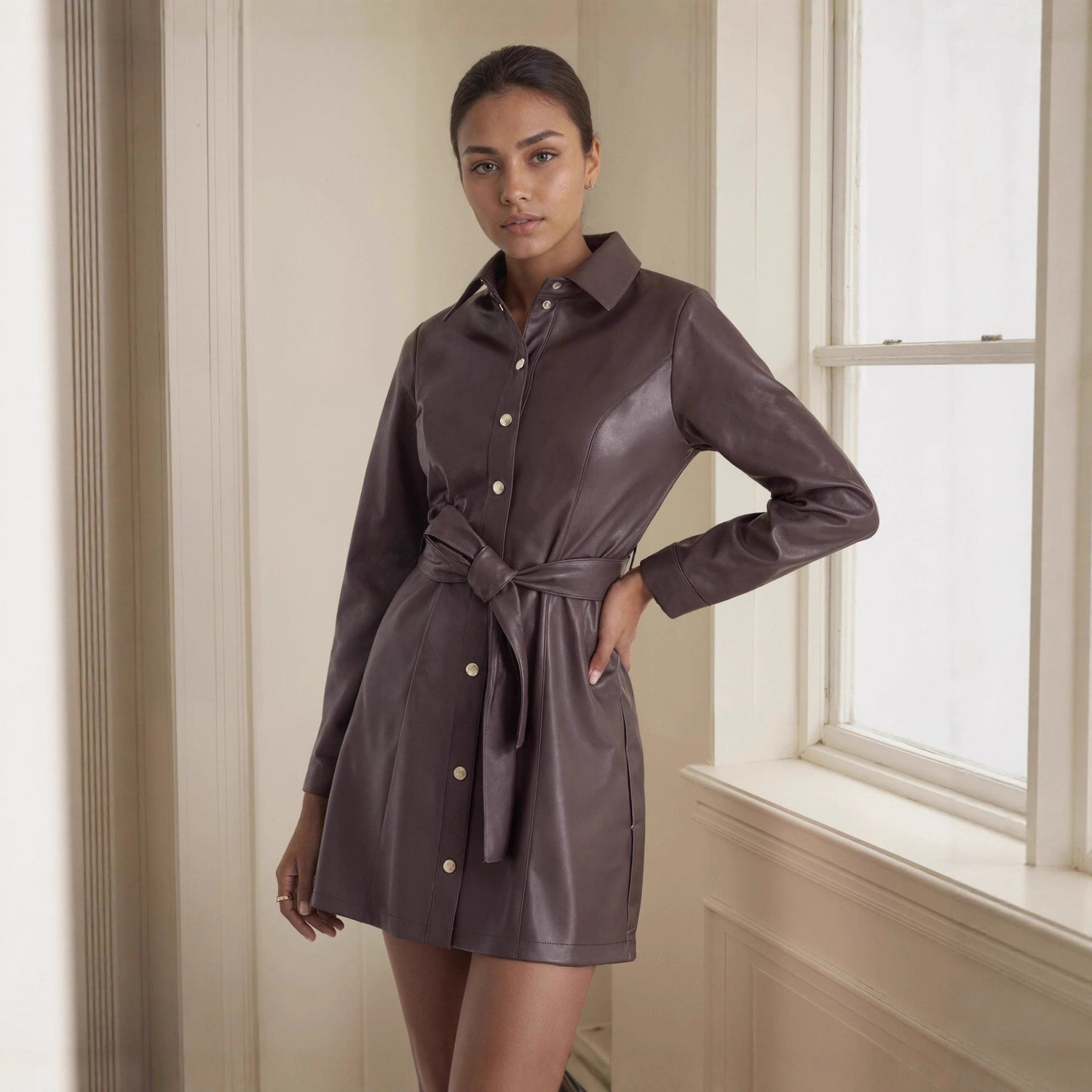 Mid Length Leather Coat Dress with Belt Spring Autumn Long Sleeve Faux Leather Trench Coat British Leather Coat Women by Ragazza
