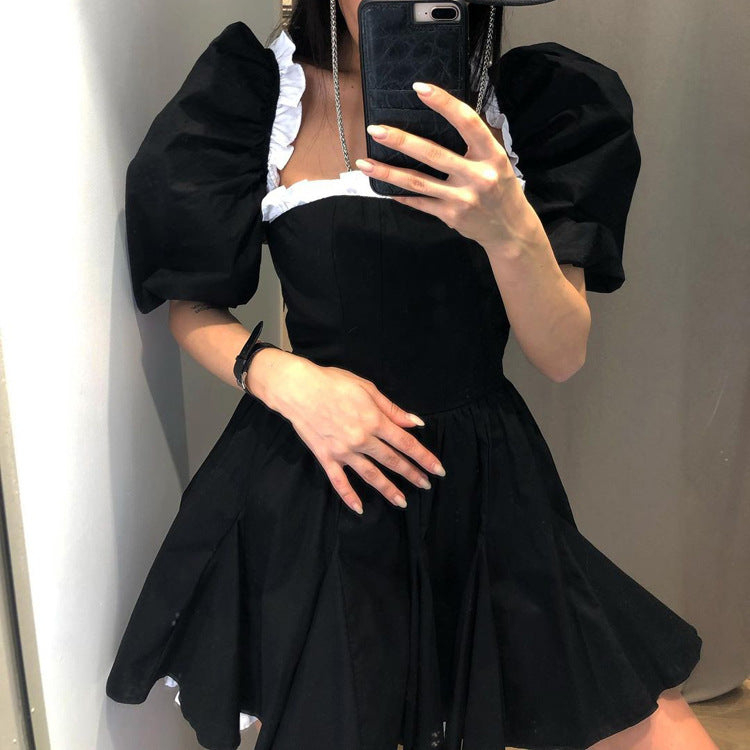Black White Contrast Color Square Collar Puff Sleeve Sexy Backless Dress High Sense Women Clothing by Ragazza