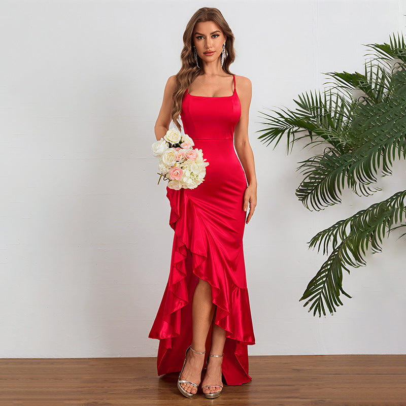 Women Autumn Slit Sexy Spaghetti Strap Ruffle Dress by Ragazza