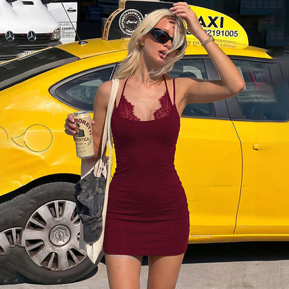Women Clothing Sexy Lace Splicing Sling Dress Solid Color Pure Hip Dress  DestGlow