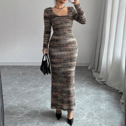 Autumn Slim Fit Slit round Neck Yarn Dyed Dress for Women by Ragazza