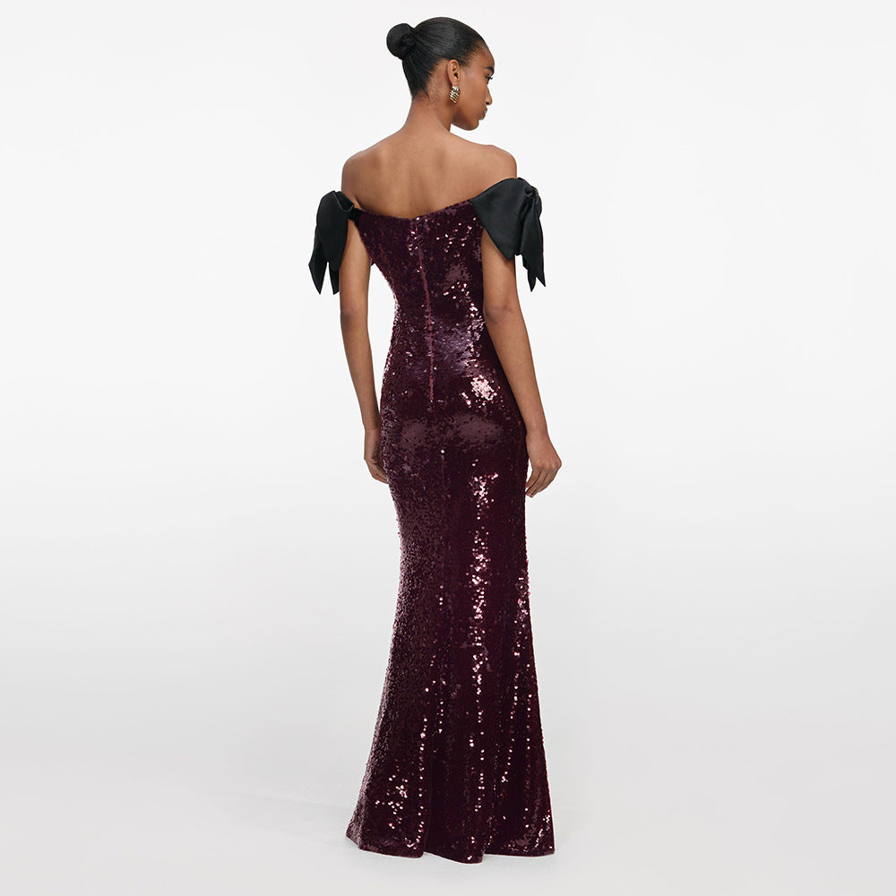 Coffee Color Colorful Sequin Long Evening Dress off Shoulder Black Bow Cocktail Fishtail Dress by Ragazza