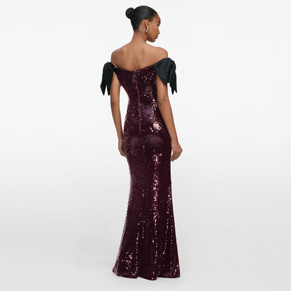 Coffee Color Colorful Sequin Long Evening Dress off Shoulder Black Bow Cocktail Fishtail Dress by Ragazza
