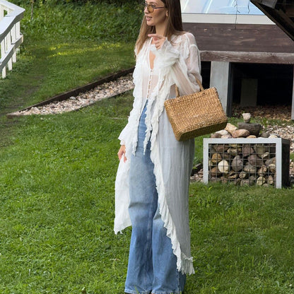 Women Clothing Design Ruffled Chiffon Dress Sexy Sheer Long Sleeve Single Breasted Sexy Dress by Ragazza