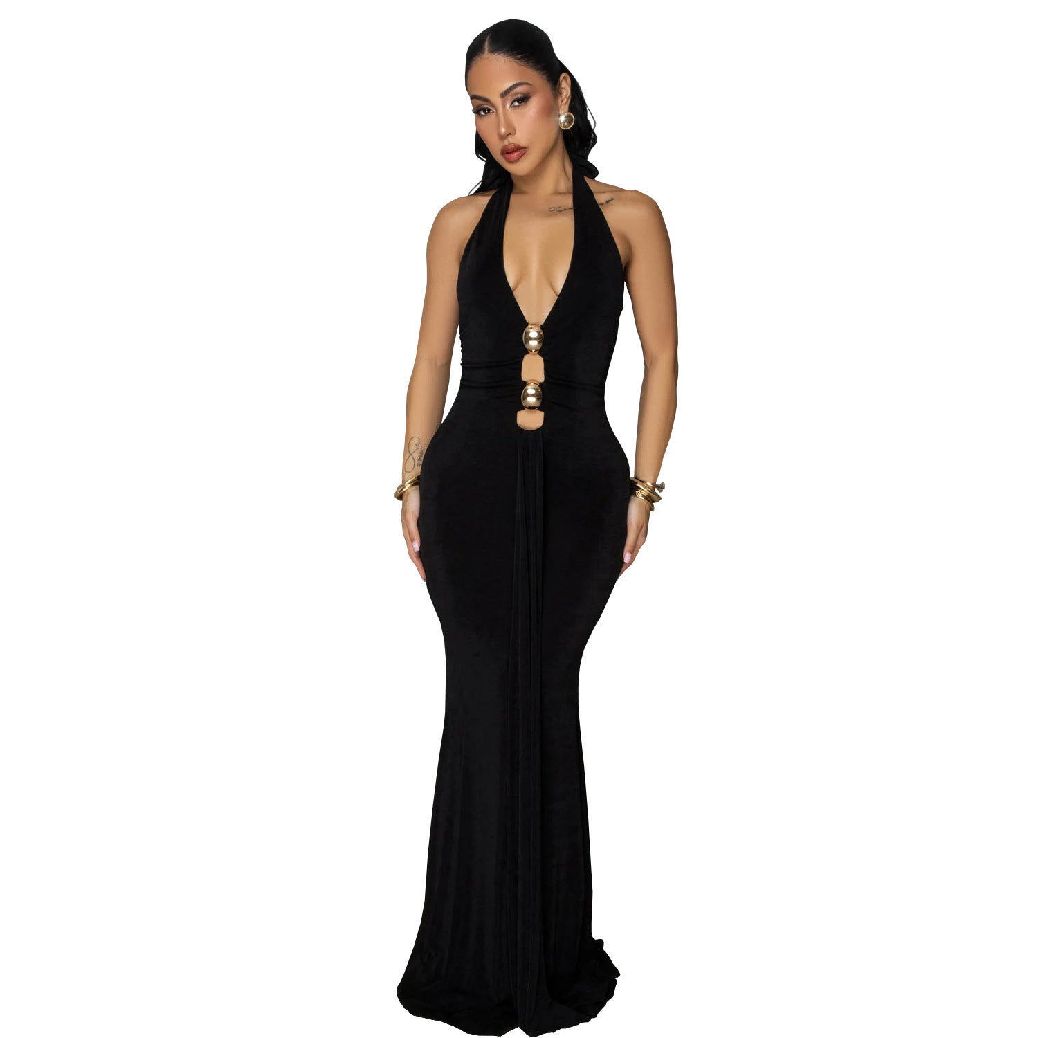 Women Wear Sexy Backless Halter Deep V Plunge Neck Solid Color Dress by Ragazza