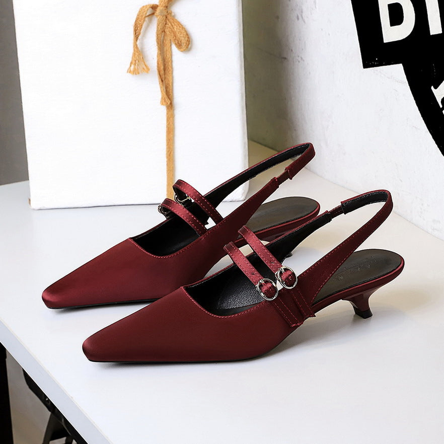 Korean Pointed Toe Strap Hollow Out Cutout Back Shoes Back Strap Comfortable Low Heel Pumps Low Cut Wine Cup Heel Satin Women Shoes  DestGlow