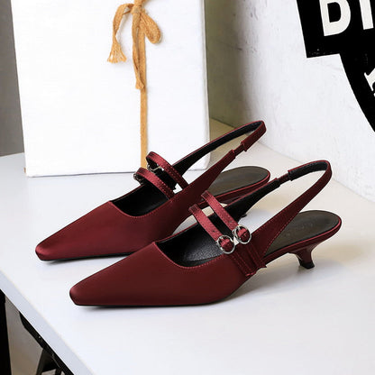 Korean Pointed Toe Strap Hollow Out Cutout Back Shoes Back Strap Comfortable Low Heel Pumps Low Cut Wine Cup Heel Satin Women Shoes  DestGlow