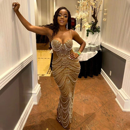 Strap Rhinestone Bubble Ball Evening Dress Sexy Dress Maxi Dress for Women by Ragazza
