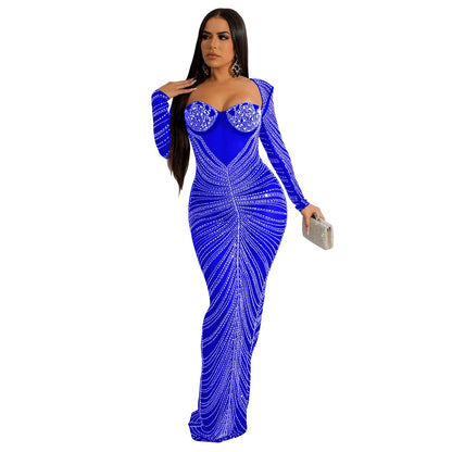 Women Wear Rhinestone Mesh See through Long Sleeve Dress by Ragazza