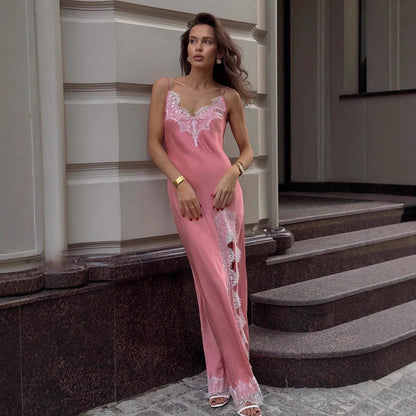 Lace Spaghetti Strap Maxi Dress Summer Artificial Silk Sexy Slit Stitching Lace Dress Women by Ragazza