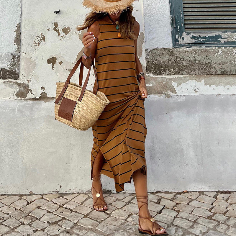 Summer Stripes Printed Vest Dress round Neck Sleeveless High Waist Slim Low Collar Maxi Dress by Ragazza