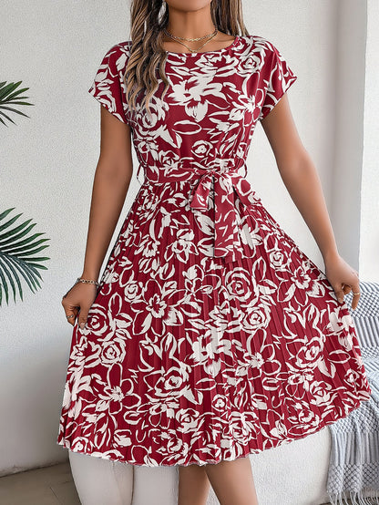 Spring Summer Elegant Floral Short Sleeve Large Hem Pleated Dress Women Clothing by Ragazza