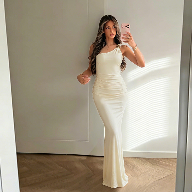 Summer Satin off Shoulder Party off Shoulder Buckle Dress Women  DestGlow