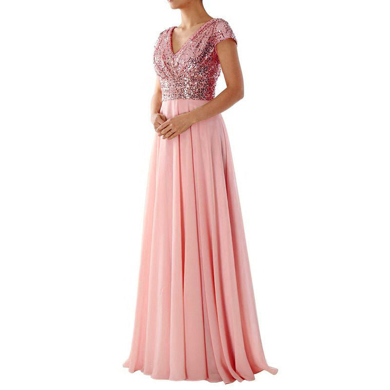 Summer Dress V neck Sequ Chiffon Stitching Evening Maxi Dress by Ragazza