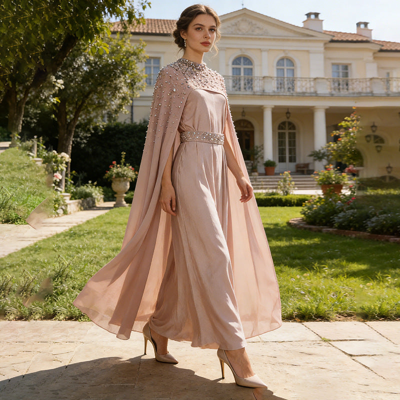 Spring Elegant Retro Exquisite Rhinestone Cape Shawl High Waist Slimming Dress by Ragazza