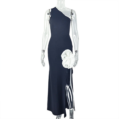Black White Women Wear Stitched Backless Slit Sheath Dress Diagonal Collar Sleeveless Elegant Maxi Dress by Ragazza