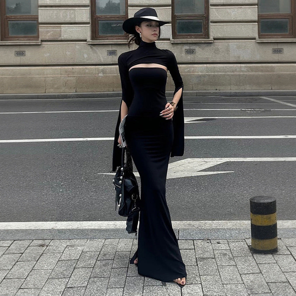 Advanced Black Slim Fit Fishtail Dress Turtleneck Hollow Out Cutout Split Slimming Maxi Dress by Ragazza