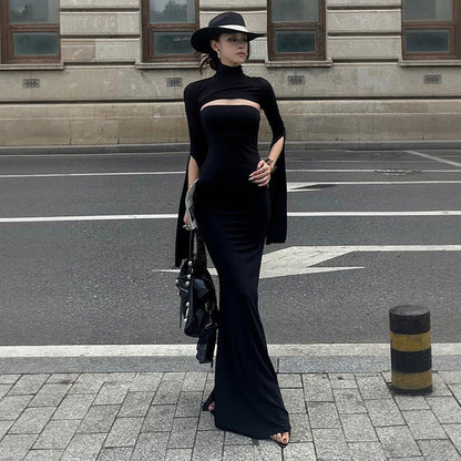Advanced Black Slim Fit Fishtail Dress Turtleneck Hollow Out Cutout Split Slimming Maxi Dress by Ragazza
