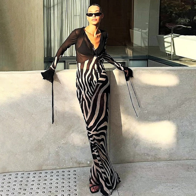 Summer Color Contrast Printed Sexy V neck Mesh Long Sleeve Dress  DestGlow