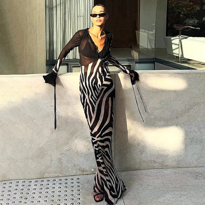 Summer Color Contrast Printed Sexy V neck Mesh Long Sleeve Dress  DestGlow