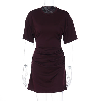 Women Clothing Autumn All Match Simple Pleated Waist Tight Slimming Dress by Ragazza