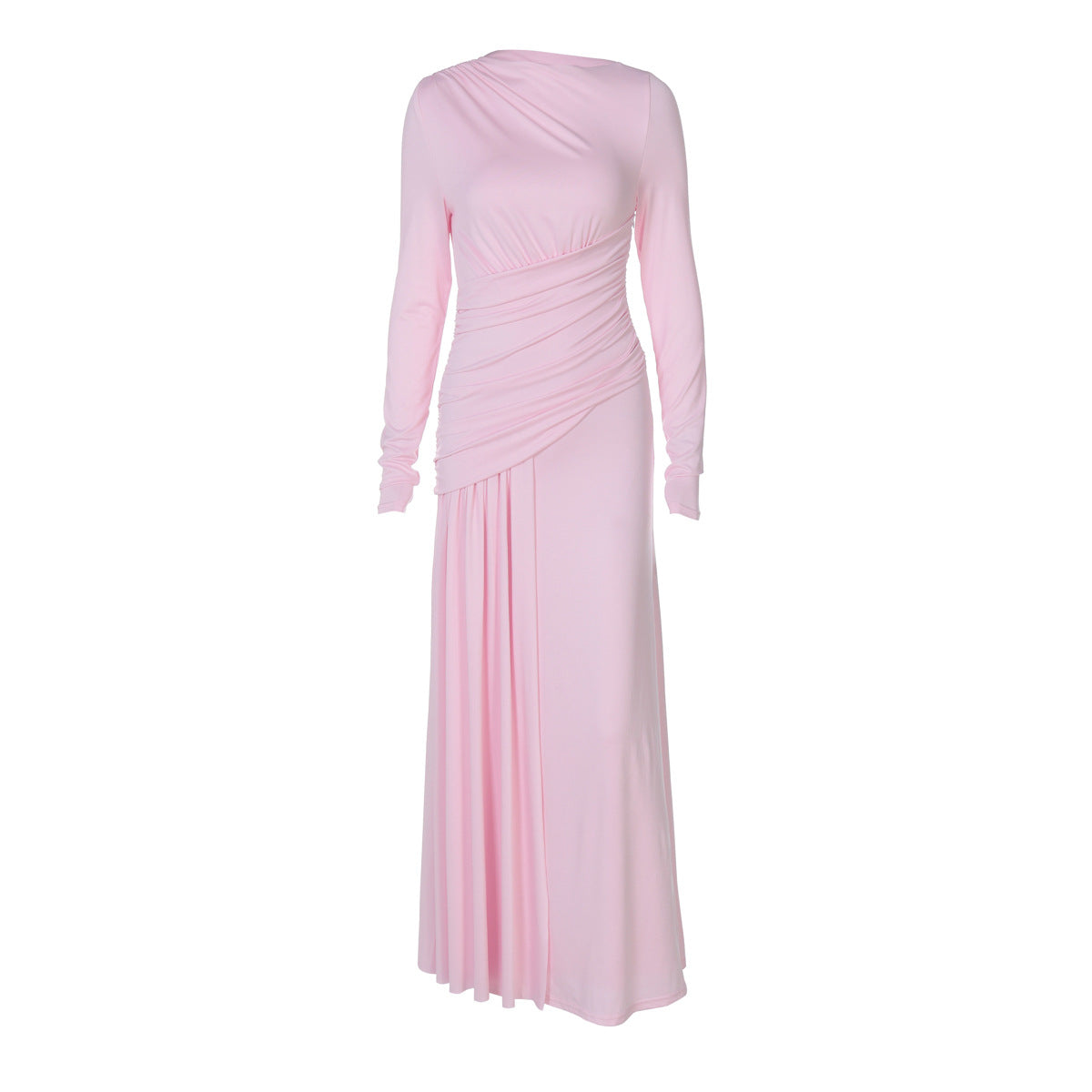 Women Clothing Summer Elegant Slim Pleated Zipper round Neck Long Sleeved Dress by Ragazza