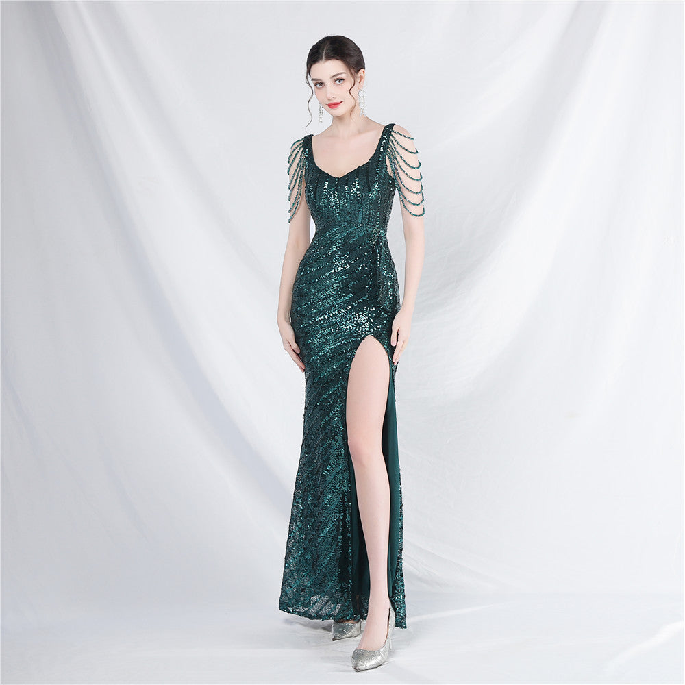 Craft Sequin Velvet Bottom Handmade Beaded Long Elegant Light Luxury Evening Dress by Ragazza