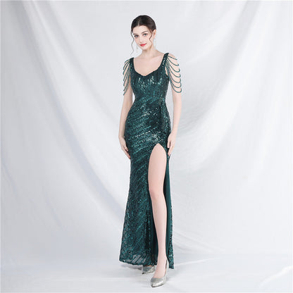 Craft Sequin Velvet Bottom Handmade Beaded Long Elegant Light Luxury Evening Dress by Ragazza