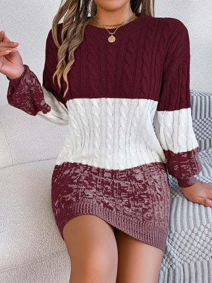 Autumn Winter Casual Color Matching Twist Lantern Sleeve Woolen Dress Women Clothing by Ragazza