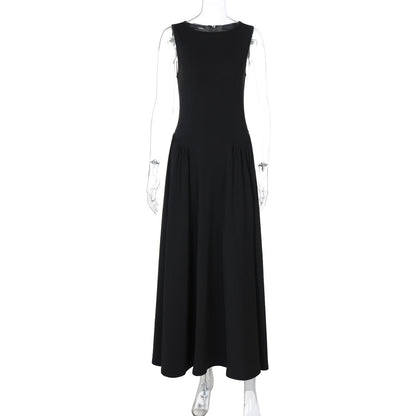 Women Clothing Autumn Solid Color round Neck Sleeveless Pleated Large Swing Dress Fashionable Elegant Dress by Ragazza