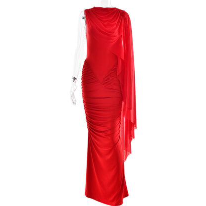 Fashionable Pleated Mesh Shawl Dress Sexy Sheath round Neck Slim Dress by Ragazza