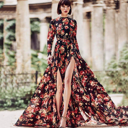 Women Clothing Print Large Swing Dress Slit Fashionable Maxi Dress Beach Dress by Ragazza