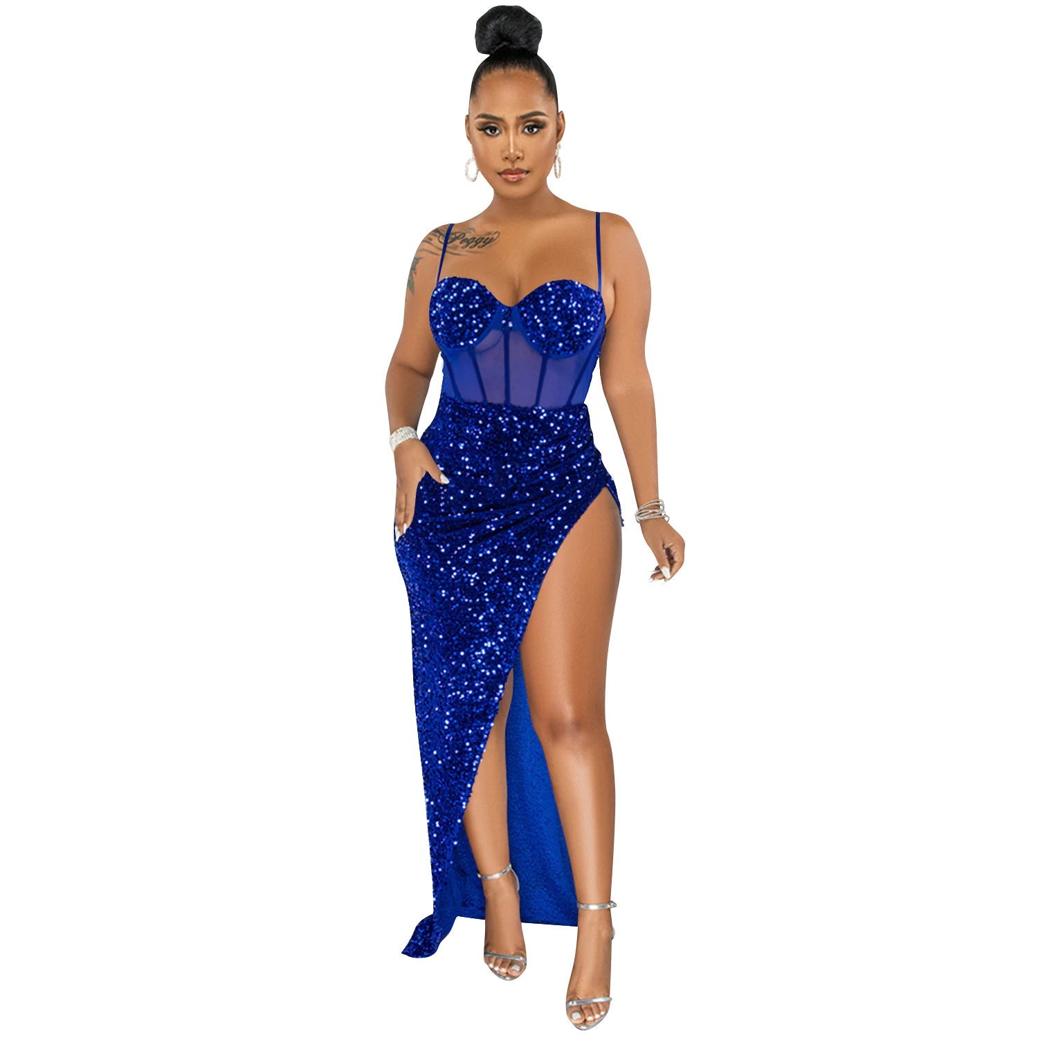 Suspenders Sequin Mesh See through Irregular Asymmetric Slit Dress Women by Ragazza
