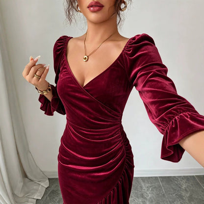 Women Clothing Velvet V neck Dress Autumn Winter Waist Slimming Irregular Asymmetric Fishtail Hip Wrapped Mid Length Dress  DestGlow