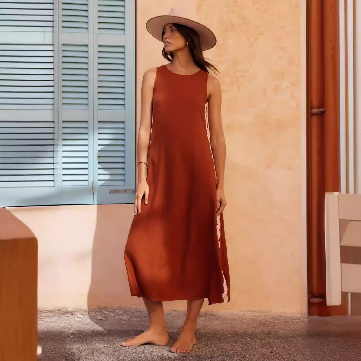 Spring Summer Casual Round Neck Vest Solid Color Lace Stitching Mid Length Dress by Ragazza