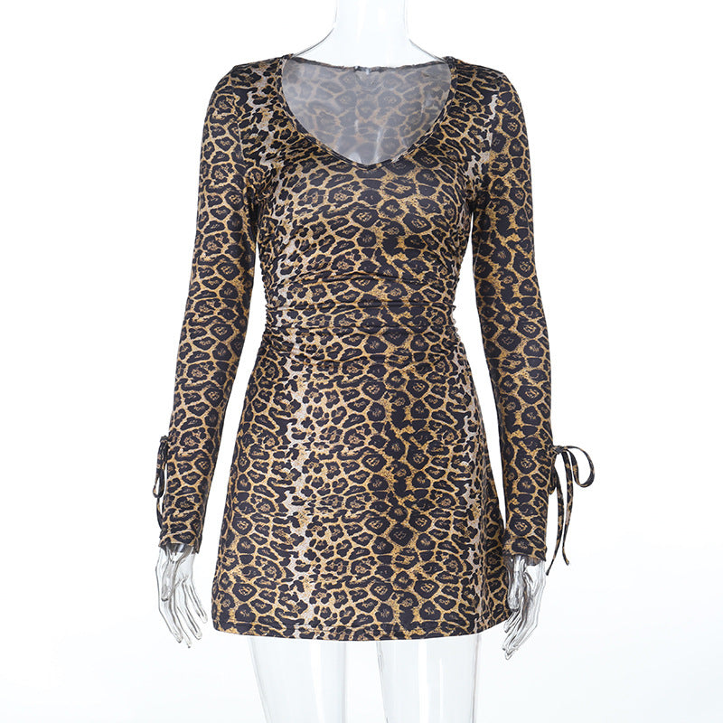 Autumn V neck Sexy Leopard Print Cross Strap Personalized Dress by Ragazza