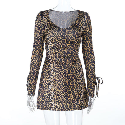Autumn V neck Sexy Leopard Print Cross Strap Personalized Dress by Ragazza