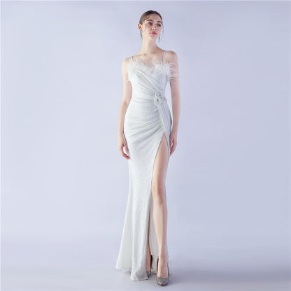 Ostrich Hair Craft Floral Wedding Annual Meeting High End Evening Dress by Ragazza