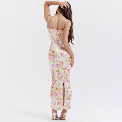 Women Clothing Dress Printed Strap Dress Sexy Backless Slit Vacation Floral Dress for Women by Ragazza