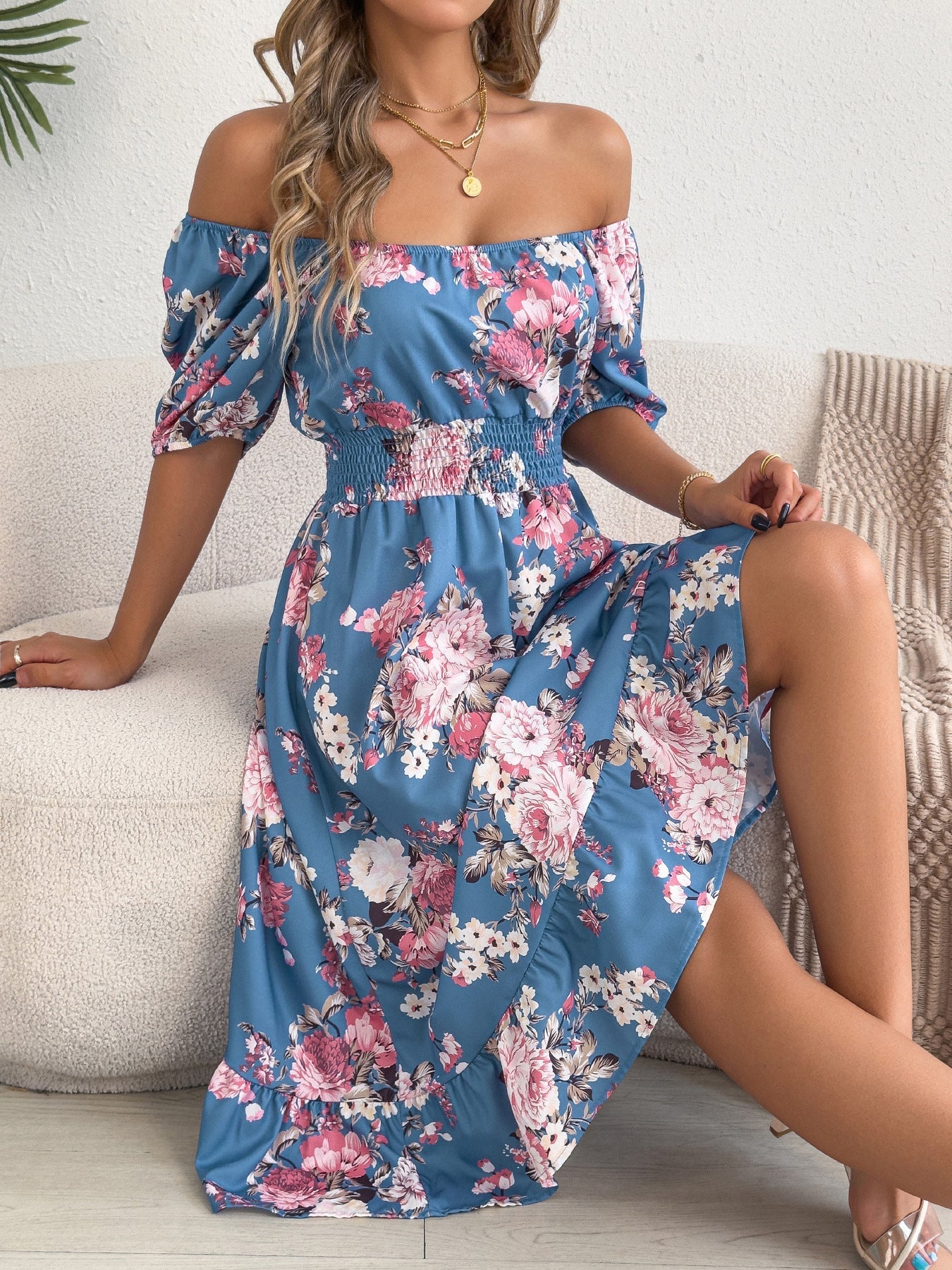 Spring Summer Floral Off Shoulder Short-Sleeved Ruffle A Line Holiday Dress  DestGlow