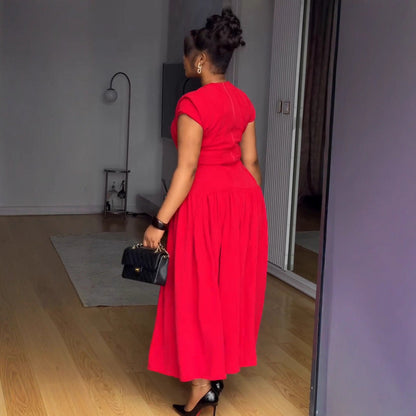 Elegant Elastic Waist Tightening Pleated Flounced Sleeve Lace Dress by Ragazza
