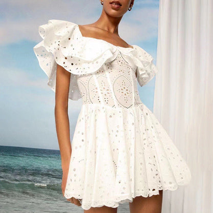 Summer Off Shoulder Lotus Leaf Embroidered Waist Slimming Vacation Dress Slim Fit Slimming Dress by Ragazza