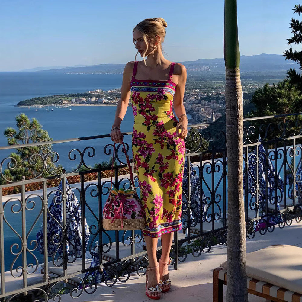 Summer Ethnic Retro Printed Slim Fit Sheath Sling Dress Maxi Dress for Women by Ragazza